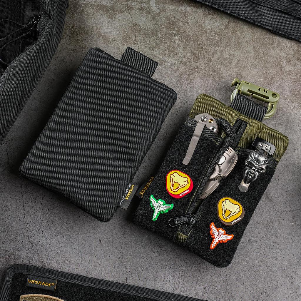 VIPERADE VE24 EDC Minimalist EDC Pocket Pouch with DIY Patch EDC Organizer with 2 Tool Pocket Organizer with Zipper Pocket Pouch, Area, Slots, (Black)