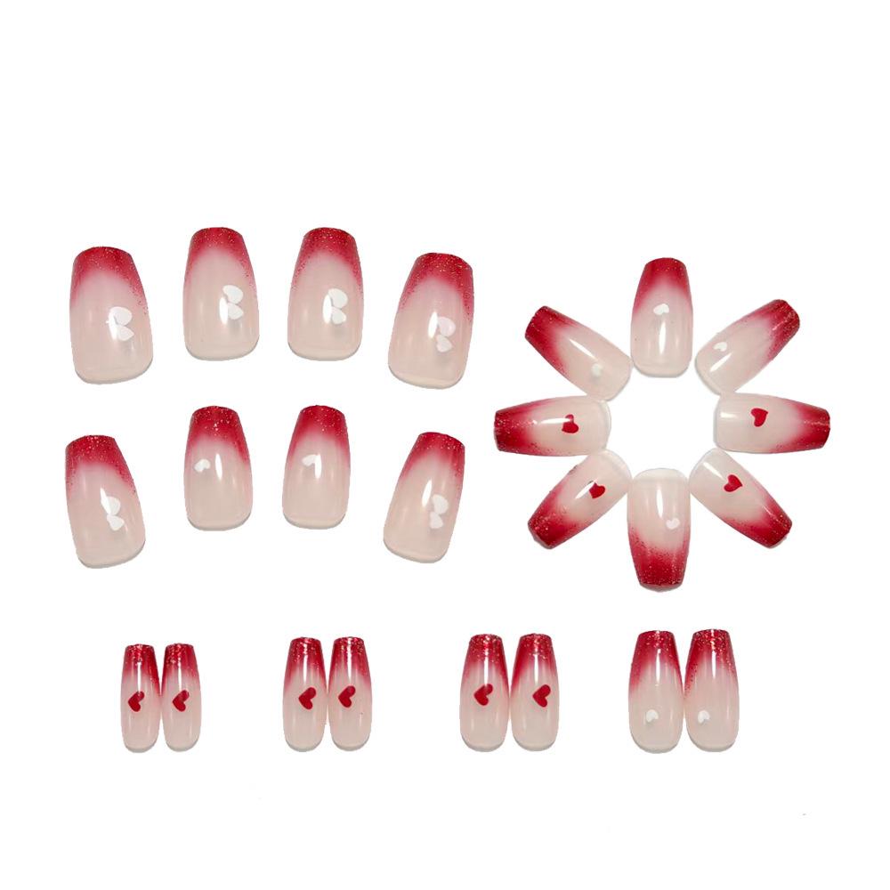 High-End French Gradient Press-On Nails with Glitter Hearts - Fashionable Nail Art Pieces