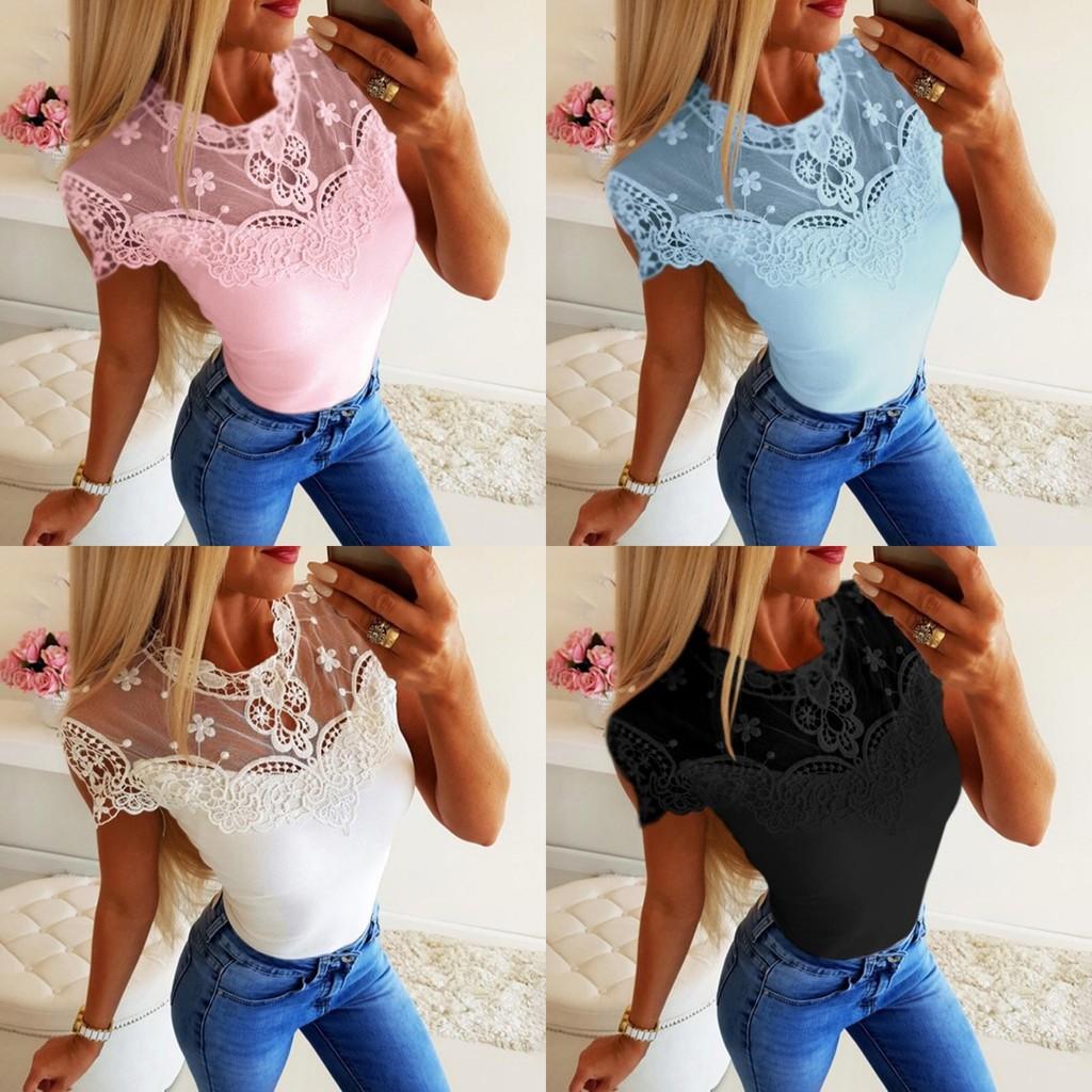 Beautiful Summer Women Short Sleeve Lace See-through Top With Elegant Frilled Design