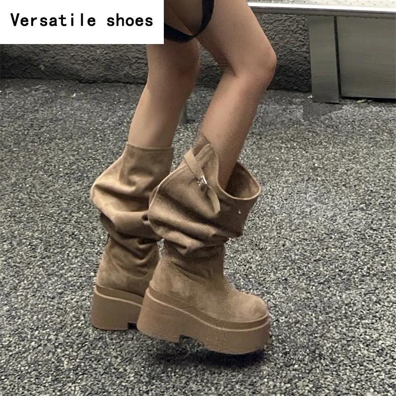 Winter Platform Women Knee-High Boots Fashion Slip On Long Booties Street Style Female Elegant High Heels Shoes