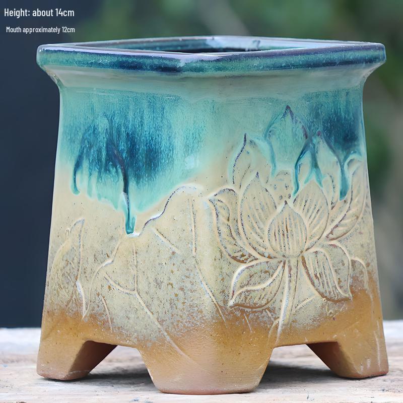 Creative Handmade Coarse Pottery Terracotta Pot - Large Square Glossy Glazed Planter with Low Breathable Rim for Succulents and Pothos