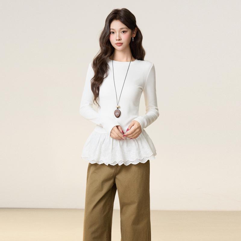 Women s Slim Fit Round Neck Lace Trim Long Sleeve T-Shirt - Autumn/Winter 2026 Korean Style S белый