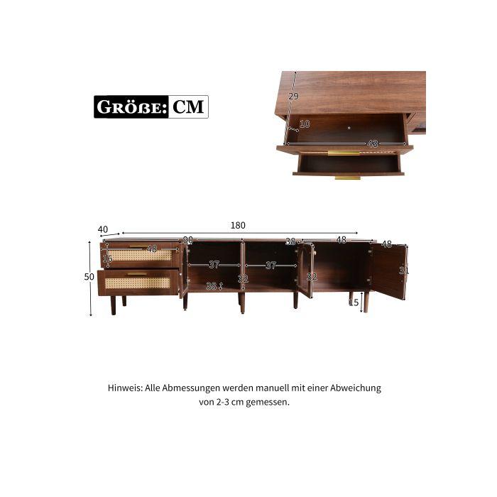 Meuble TV - MUVOE - 180 Cm - 2 Tiroirs En Rotin - 2 Portes En Verre Incurvées - Bois Marron