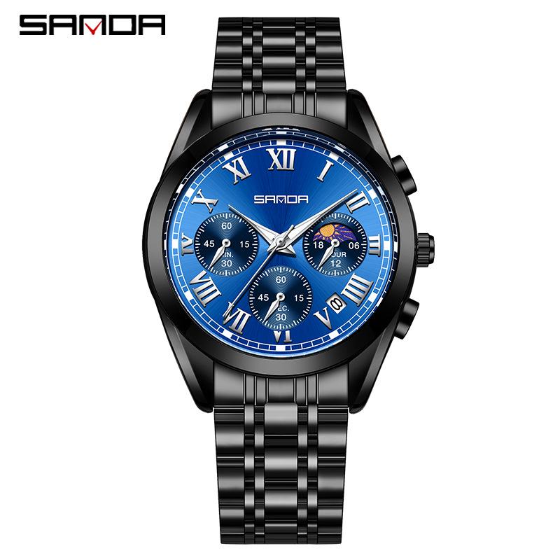 Sanda Quartz Men s High-End Waterproof Wristwatch with Steel Band, Multi-Function Display  Calendar.