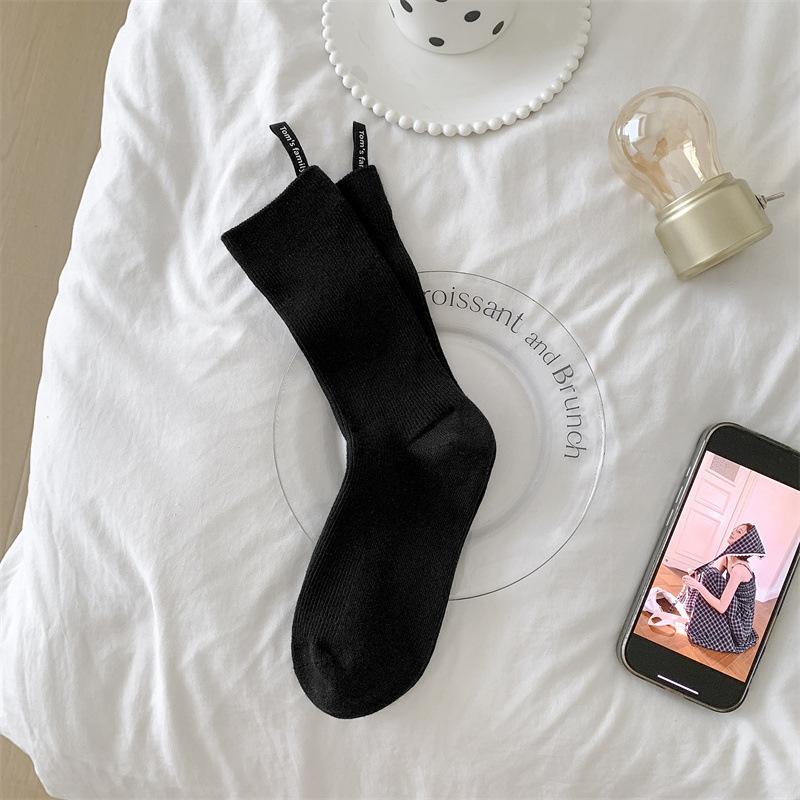 

Autumn Socks Solid Color Double Needle Heel Cloth Label Socks Athleisure Cotton Socks One size fits all чорний