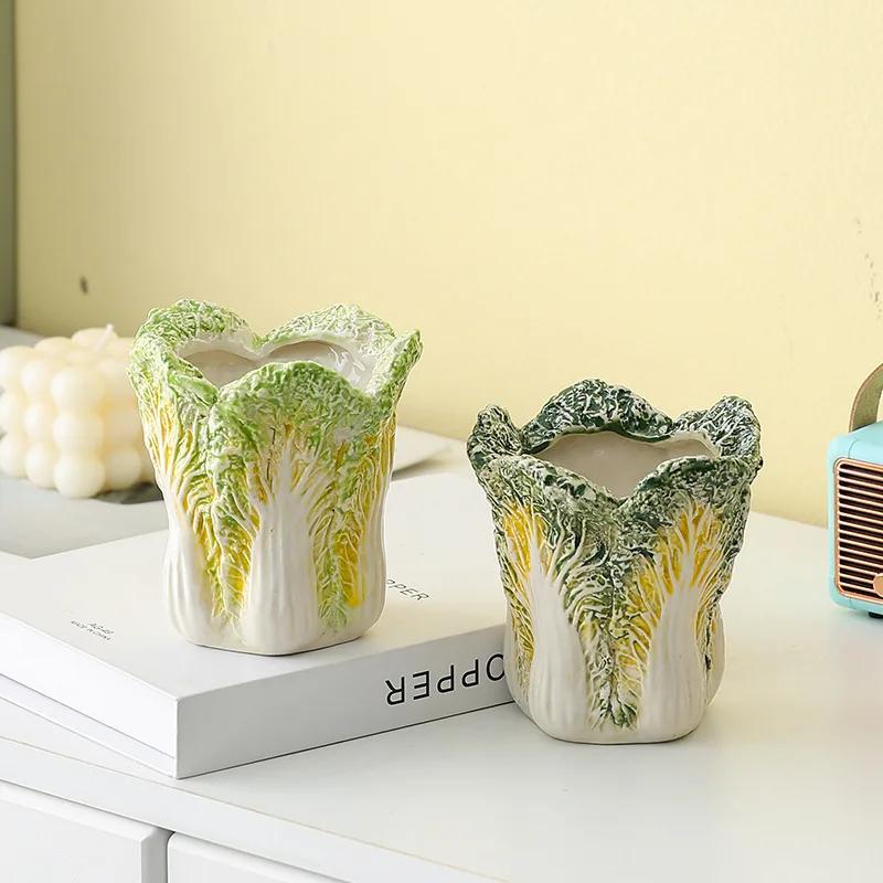 Modern Ceramic Cabbage Pen Holder Dresser Makeup Brush Organizer Sundries Storage Box Office Desktop Pen Holder Home Decoration