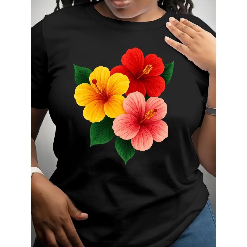 Womens Vibrant Floral Print T Shirt Lightweight Polyester Short Sleeve Round Neck Casual Hibiscus Flowers Spring Summer Fall Top