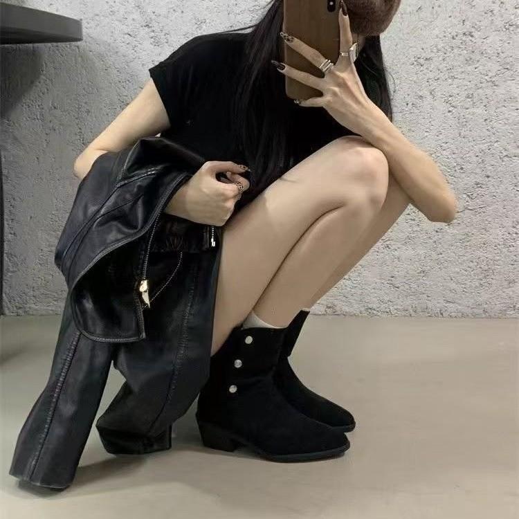 Frosted Cowhide Round Head Thick Heel Short Boots Brown Western Boots 2025 New Women's Boots Simple Fashion Middle Heel Boots Leather Boots