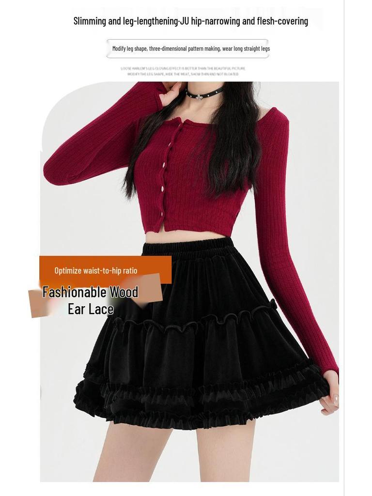 High-Waist Velvet A-Line Fluffy Skirt for Women - Autumn/Winter Collection