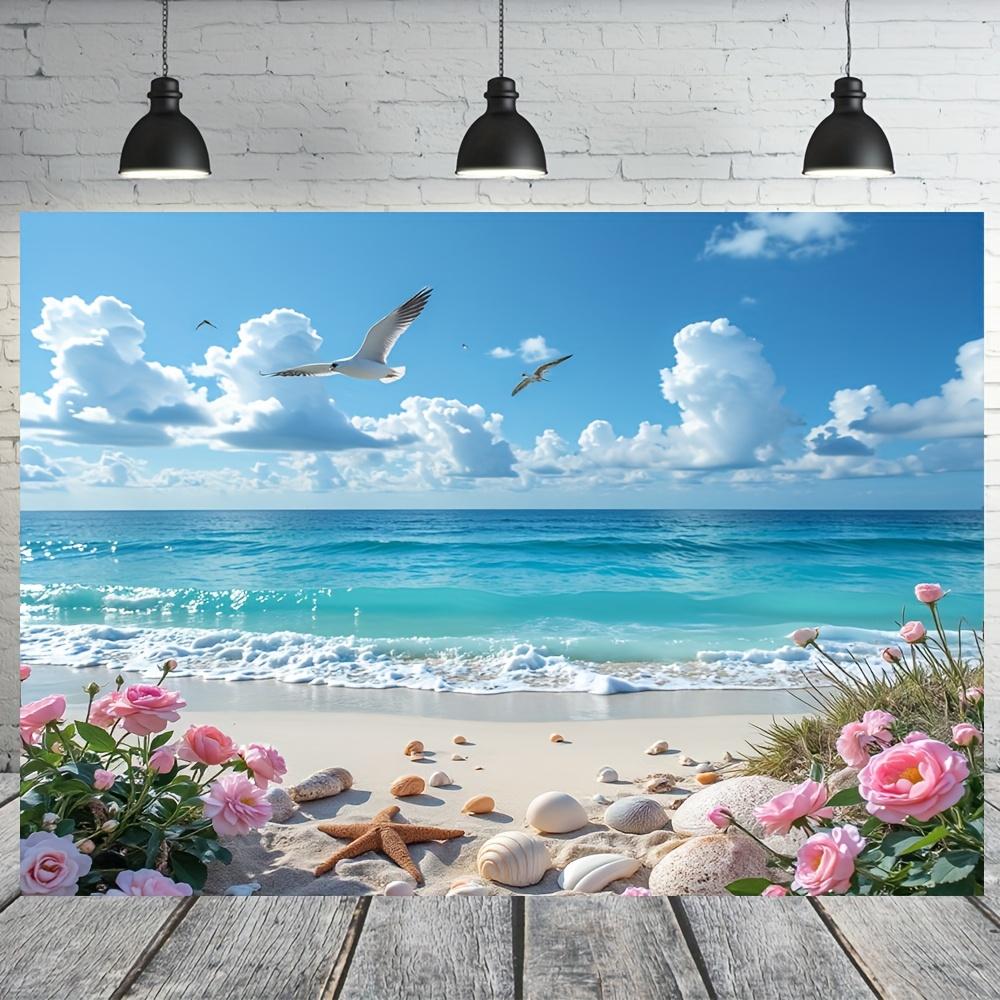 Seaside Beach Tapestry Blue Sky White Clouds Seagulls Starfish Shells Roses Coastal Summer Vacation Vibe Wall Decor for Living 74x94cm(29x37in)