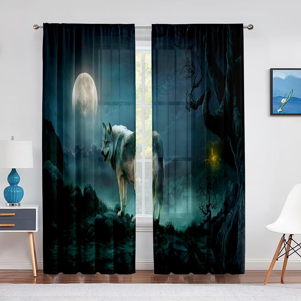 Wolf Sheer Voile Curtain Ice Fire Wolves Look At Each Other Window Tulle Curtains for Living Room Bedroom Kitchen Decor Drapes