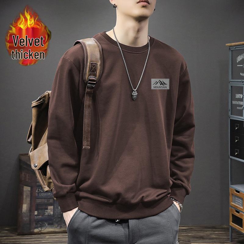 Men's Trendy Hong Kong Style Loose Fit Round Neck Sweatshirt, Autumn/Winter, Plus Velvet, 420g