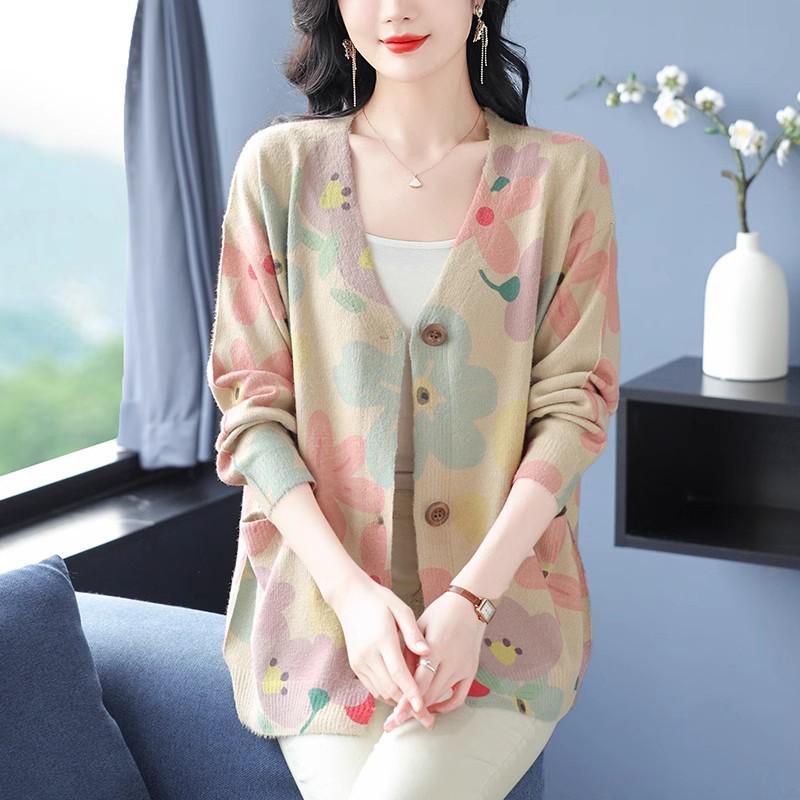2024 Autumn/Winter V-Neck Mink Velvet Printed Loose Casual Single-breasted Coat