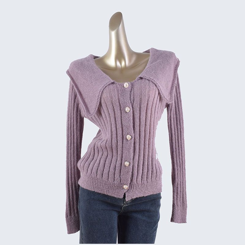 Spring and Autumn Doll Collar Breasted Cardigan Long Sleeves Knitting Mohair Lightweight Women's Clothing Outwear Pure Color