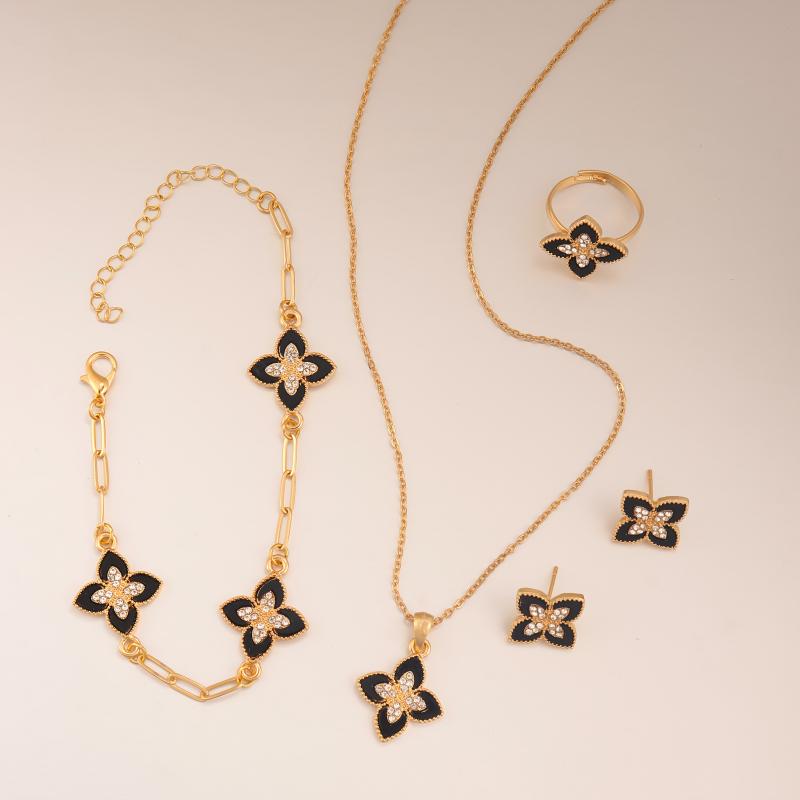 

5 шт. сплава новый модный ромб клевер ожерелье серьги кольцо браслет комплект модные счастливые украшения чёрный