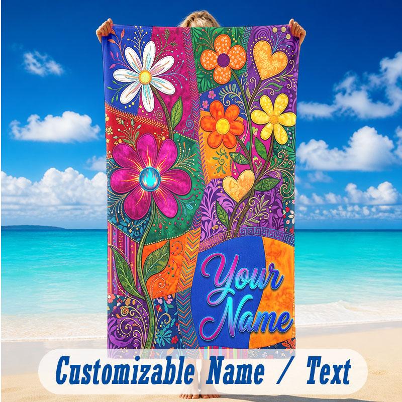Floral Garden Theme Beach Towel Personalized Custom Name & Text Soft Quick Dry Beach Towel for Swimming Travel