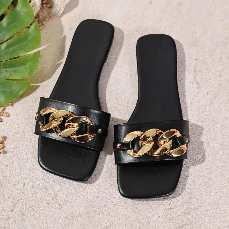 

Мода Новая Мода Женские Шлепанцы Квадратный Носок Цепочка Шлепанцы Плоские Шлепанцы Пляжные Шлепанцы Металлическая Отделка Повседневная Обувь 39 чёрный
