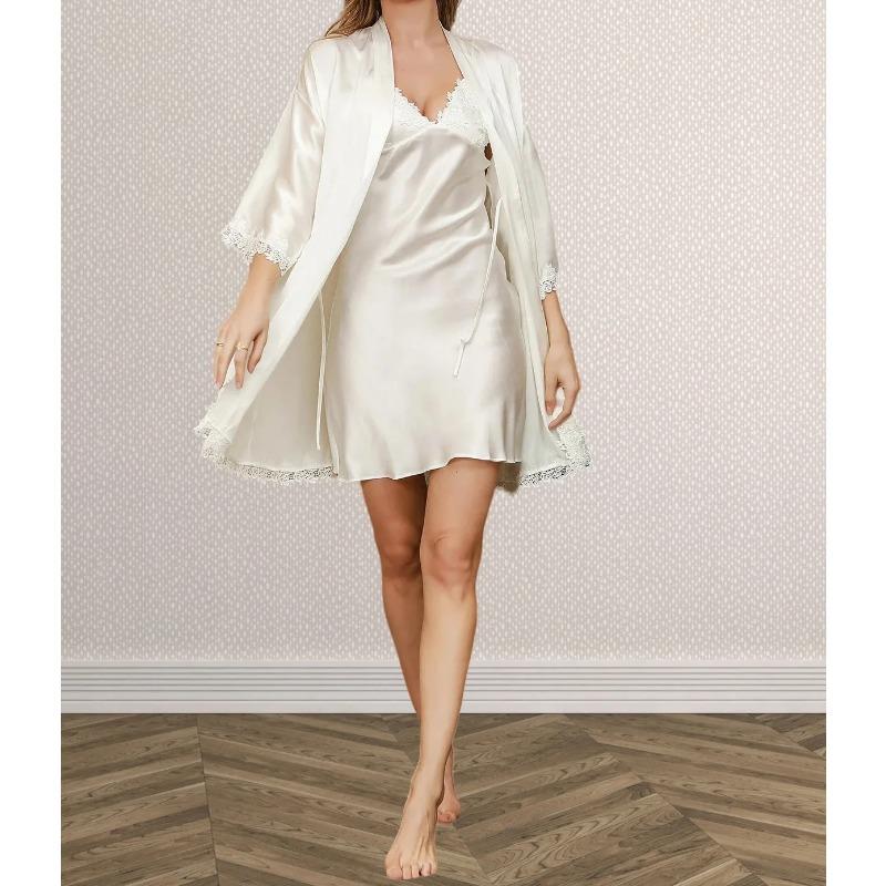 

Чистый шелк вышитая ночная рубашка халат комплект из 2 предметов дизайнерские шелковые пижамные комплекты женская пижама сексуальный халат для душа кимоно 2XL белый