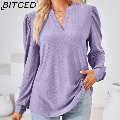 Outono/Inverno Cor Sólida Decote V Jacquard Manga Comprida Solto Camiseta Top para Senhoras