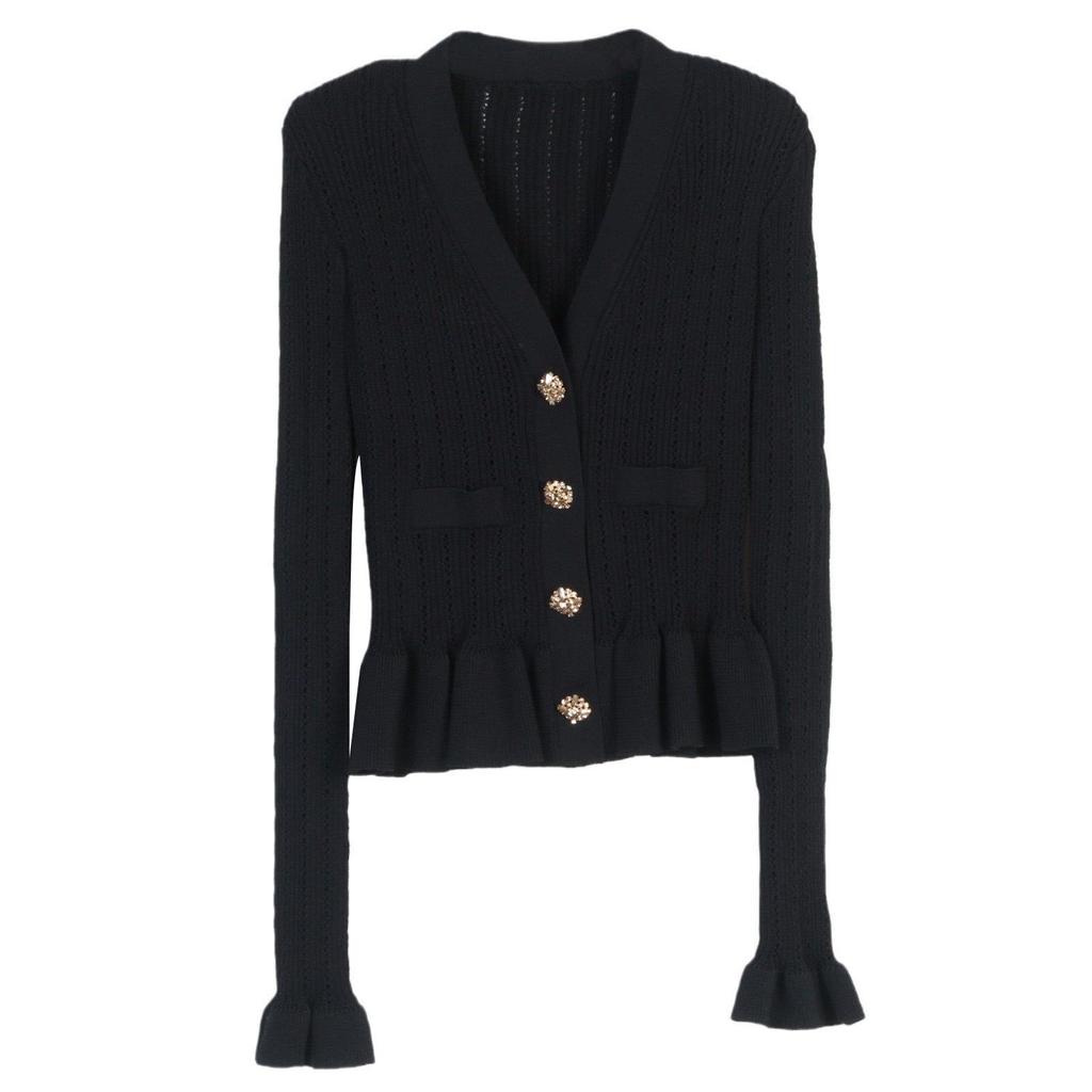Women's French V-Neck Knit Cardigan with Waist-Cinching Design and Hollow Long Sleeves
