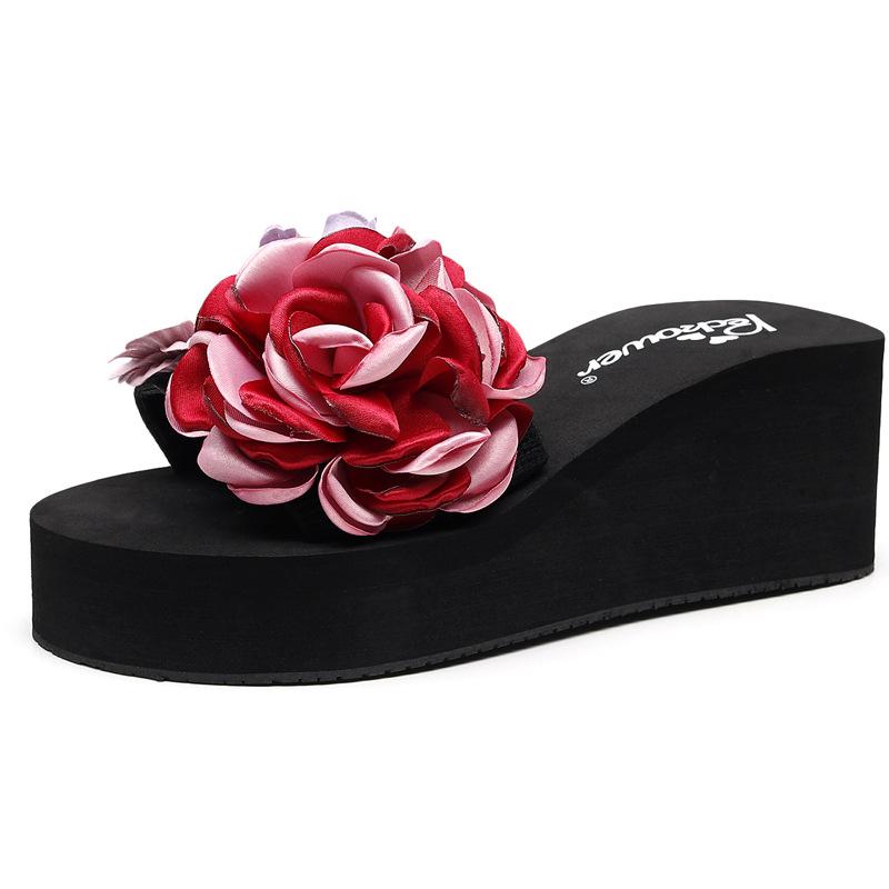 Large size high heel one-word drag women s non-slip fashion beach shoes cool slippers flower sandals 35