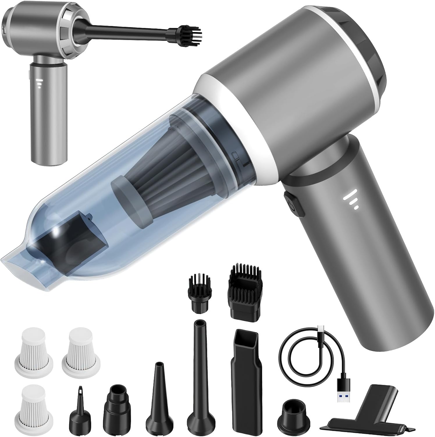 4-in-1 Portable Cordless Car Vacuum, 20000Pa High Power, Rechargeable Handheld with 3 Filters, Silver Gray