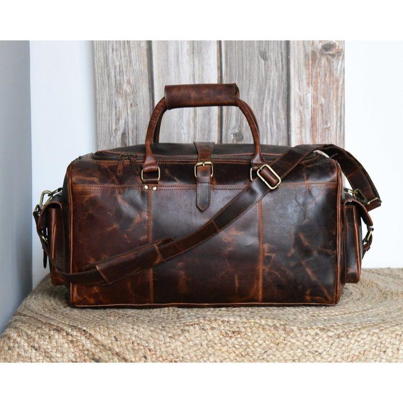 Buffalo Leather Duffel Bag, Monogram Weekend Bag, Full Grain Leather Overnight Bag, 3rd Anniversary Gift, Personalized Duffle Bag