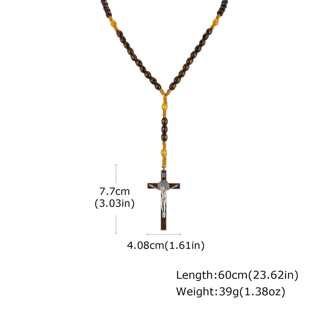 Vintage Klassischer Jesus Kreuz Anhänger Y-förmig Holz Gebetsperle Geflochtenes Seil Lange Halskette für Männer Trendiger Religiöser Schmuck Amulett