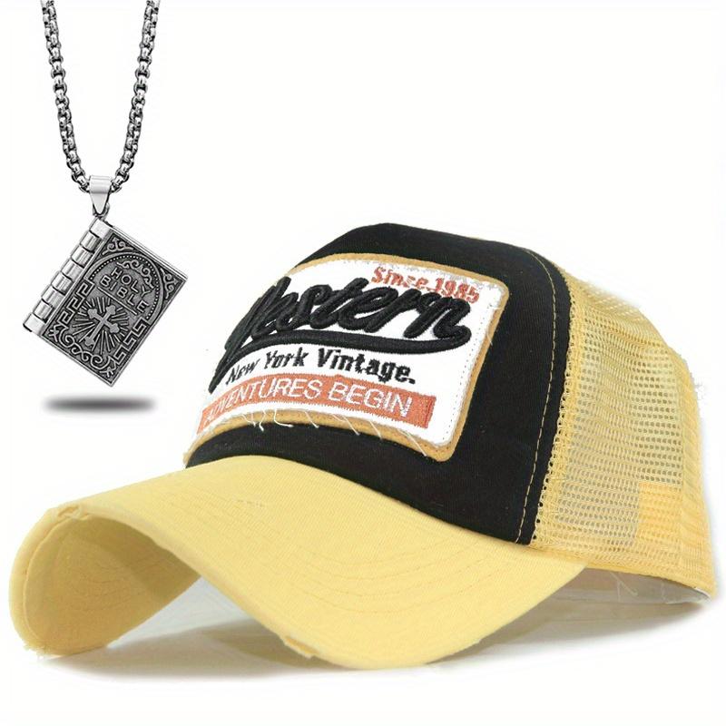 

Комплект из 2 мужских бейсболок, ожерелий, модная сетчатая шляпа для спорта на открытом воздухе, солнцезащитная шляпа, крест, кулон из титановой стали, ожерелье для пары с кепкой в виде утиного язычка жёлтый