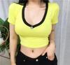 Women's V Neck Short Sleeve Crop Top Slim Fit Elegant Commuter Color Block Splicing Milk Silk Tee