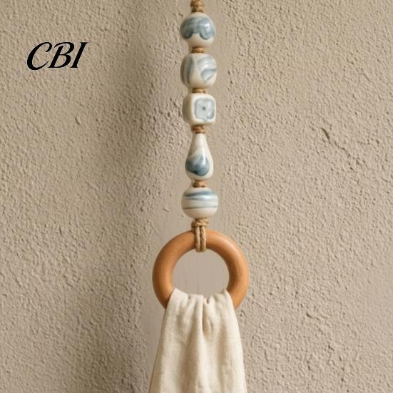 Anello Decorativo Appeso per Organizer, AppendiAsciugamani con Perline e Anello in Legno, Supporto da Parete Multi-Colore Boho, Raffinata Manina in Legno senza Foratura, Portautensili da Fattoria