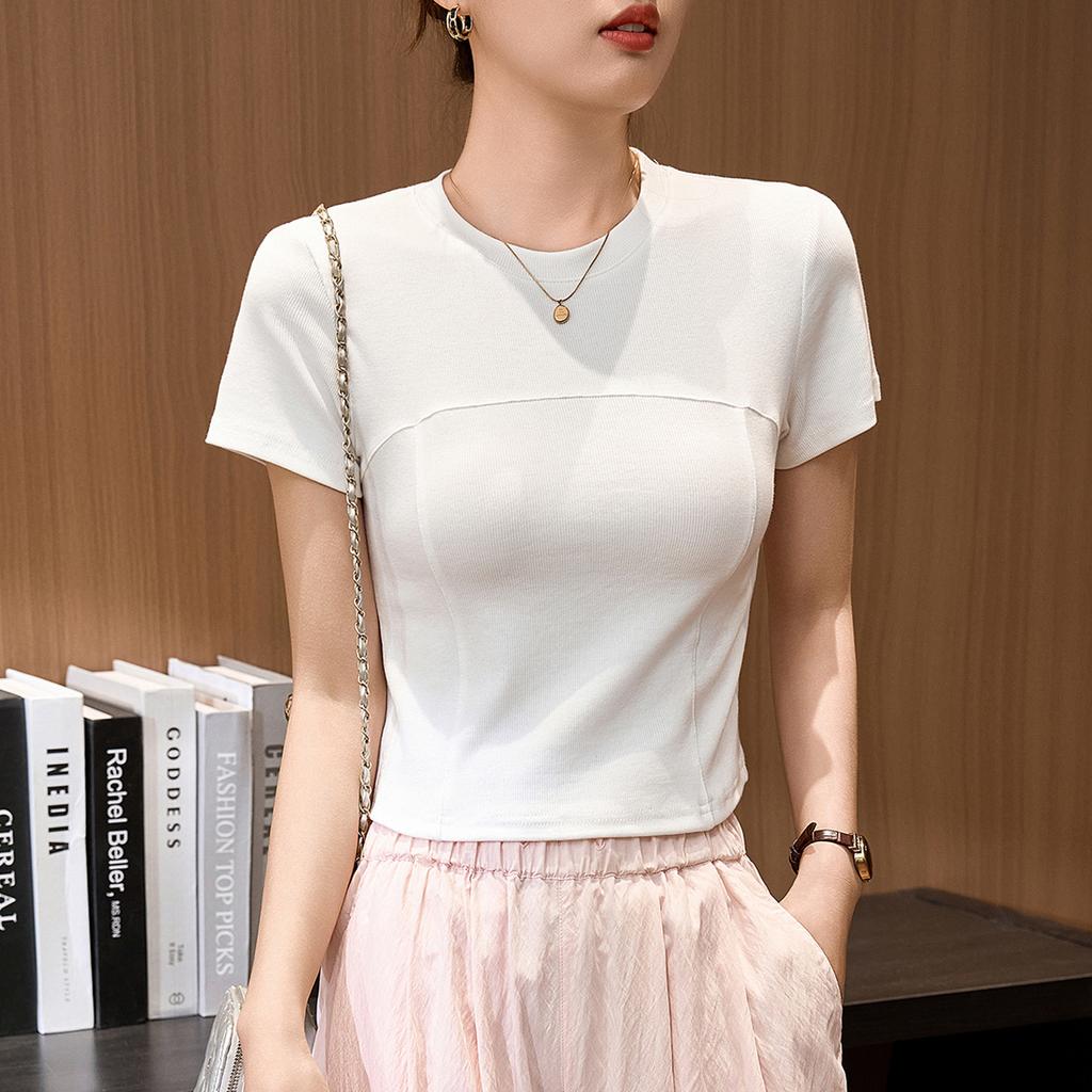 Grade Design and Bright Line Waist-hugging and Slimming Short-sleeved T-shirt for Women's Summer Clothing