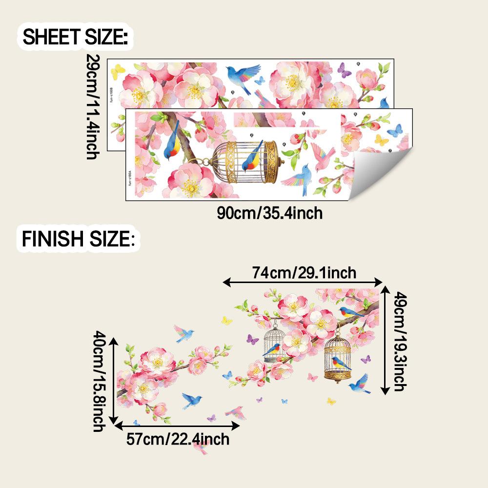 Наклейка на стену в китайском стиле: ветка цветущего персика, клетка для птиц, для спальни и кабинета