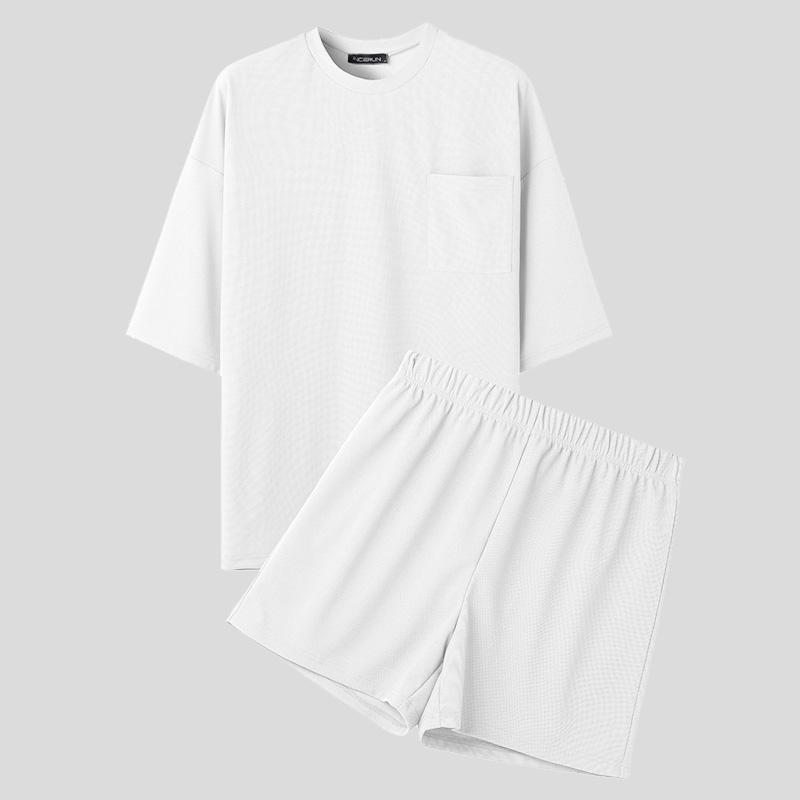 

INCERUN Two Pieces Oversized Men Summer Short Sleeve T-Shirts and Loose Shorts Outfits Sets S білий
