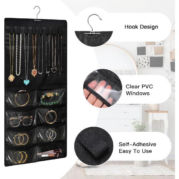 Hanging Jewelry Organizer for Closet, Double-Sided 48 Pockets & 8 Necklaces Holder Jewelry Hanging Organizer to Store Earrings, Necklaces, Bracelets,