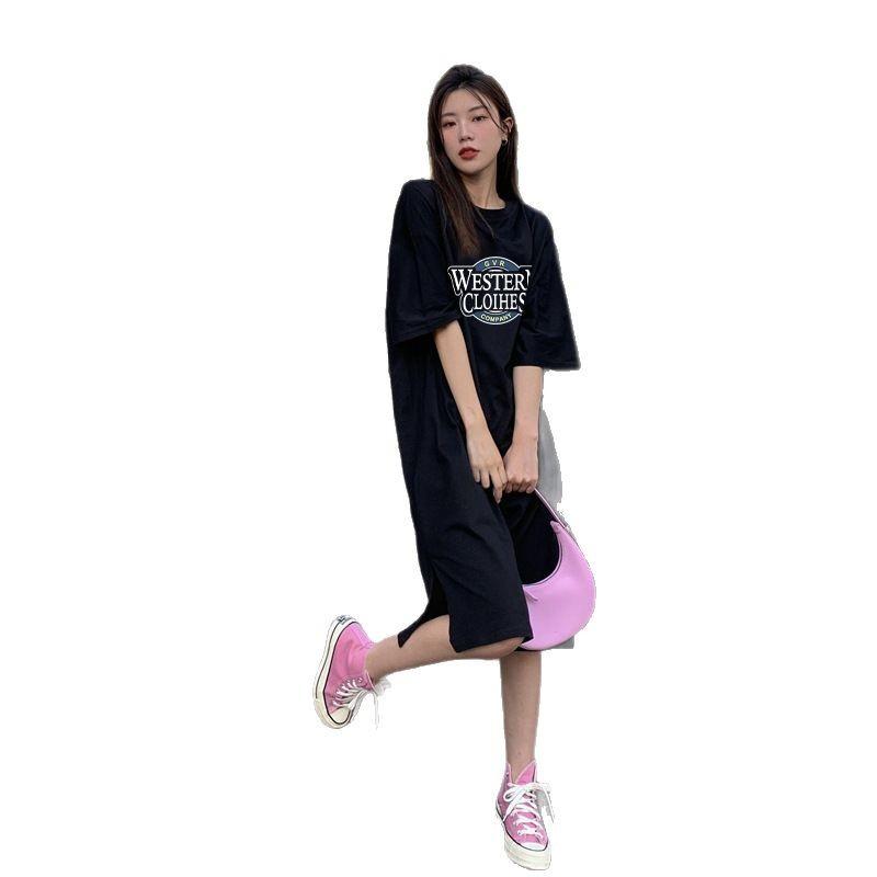 Women's Letter Print T-shirt Dress Summer Straight-leg Split Dress Slimming Casual Long Dress