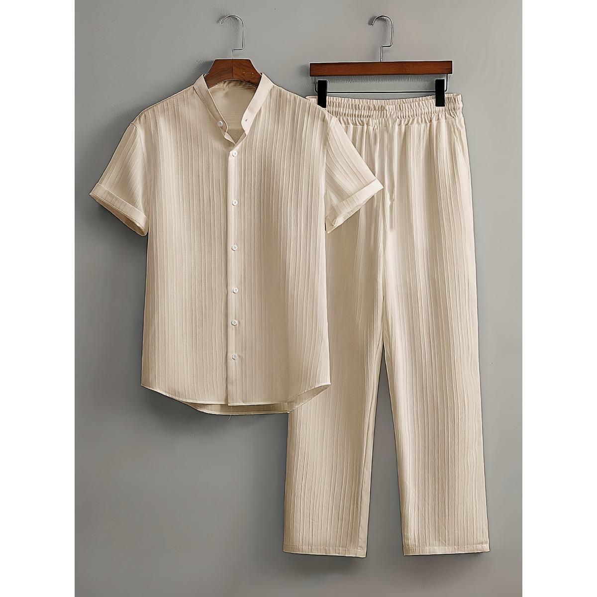 Herren Button Texturiertes Lässiges Gestreiftes Kurzarmhemd und Elastische Gerade Bein Hose Set, 2-teiliges Set L khaki
