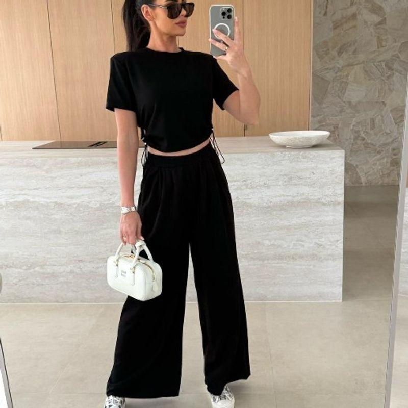 Spring and Summer New Western Style Solid Round Neck Short Short Sleeve T-shirt Loose Wide Leg Trousers Two-piece Suit Casual Women