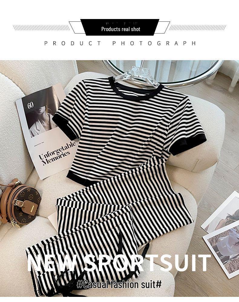 Women's Fashion Black Striped Summer Two-Piece Set: Casual Short-Sleeved Top and Wide-Leg Shorts