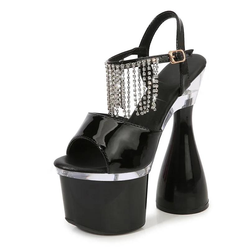 Fashion Hentian High Nightclub Coarse Heel High Heel Sandals 18CM Car Model Slippers Rhinestone Female Walking Show Steel Pipe