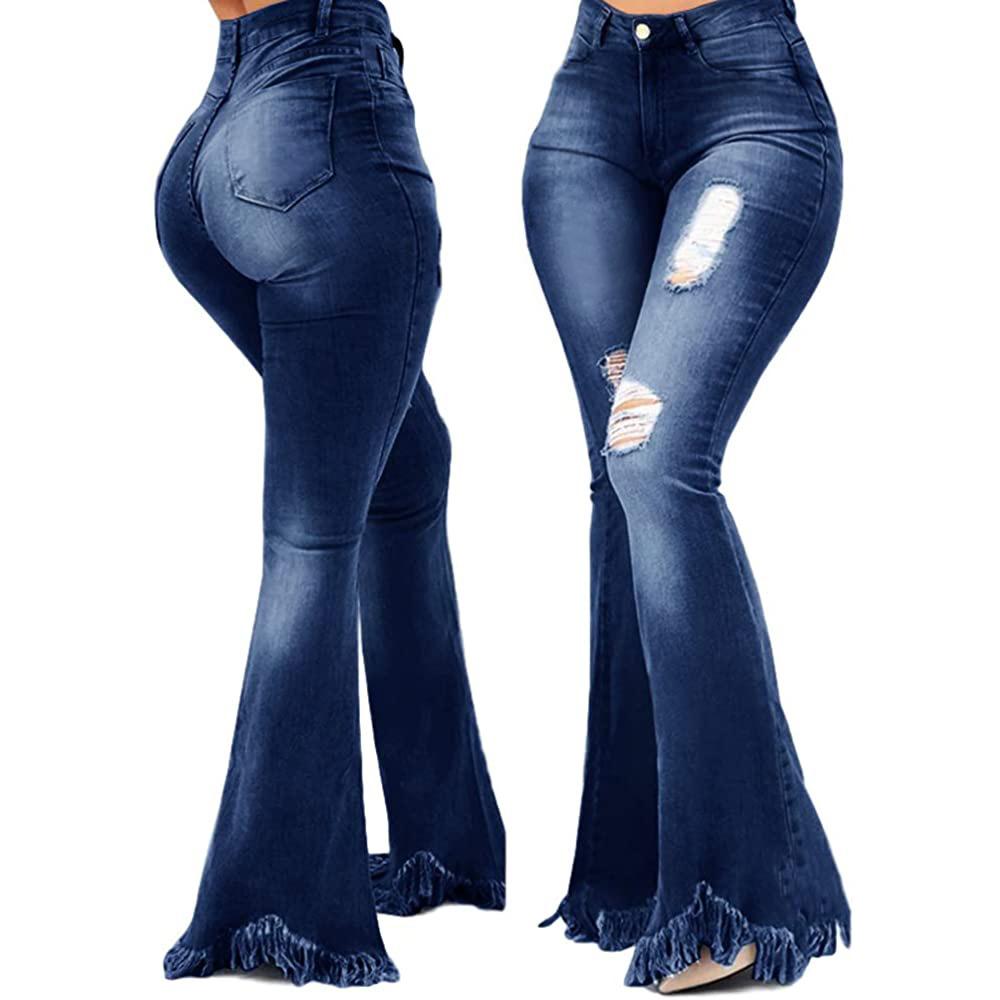 Sexy and Versatile Fashion Slim Fit Ripped Denim Flared Pants for European and American Ladies