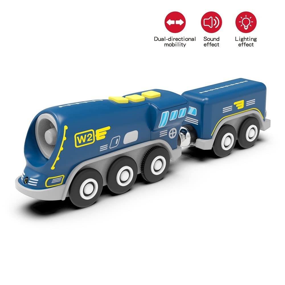 TOPLIVING Wooden Train Track Accessories Battery-Operated Locomotive with Magnetic Connection Compatible with Thomas, Brio, and Chuggington