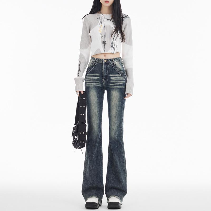 

Женские джинсы микроклеш с высокой посадкой и потертостями - Брюки с широкими штанинами, подтягивающие ягодицы L синий