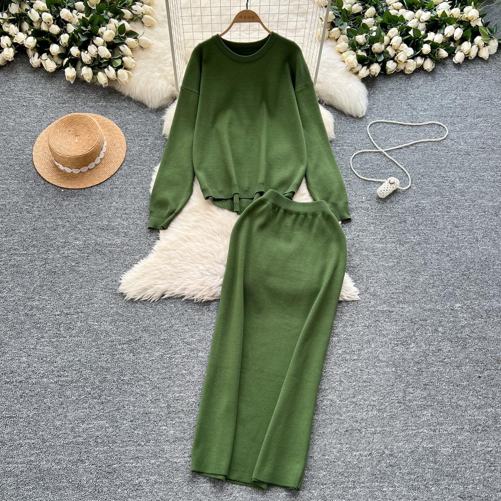 Tvådelat set Damkläder Mild Stil Lättslappig Lös passform Pullover O-hals Långärmad Stickad Tröja Midi Bodycon Kjolar