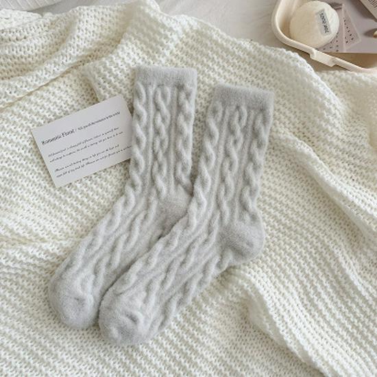 Women's Thick Fluffy Cable Knit Mid-Calf Plush Socks for Cold Weather and Postpartum Comfort