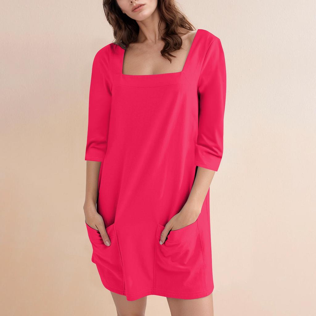 Women's Fashion Casual Solid Color Square Neck 3/4 Sleeve Short Dress