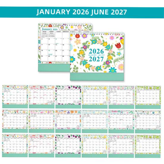 2026-2027 Floraler Schreibtischkalender Spiralbindung Januar bis Juni 18 Monate Monatsplaner Heim Büro