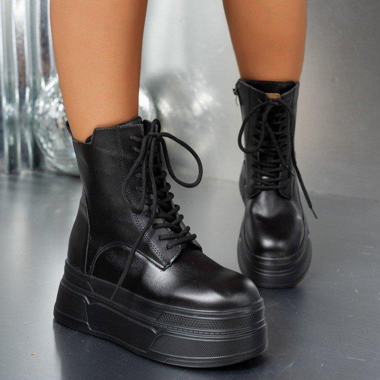Fashion Thick-soled large size 42 women's boots lace-up short boots wedge heels 2025 genuine leather high heels thick-soled boots