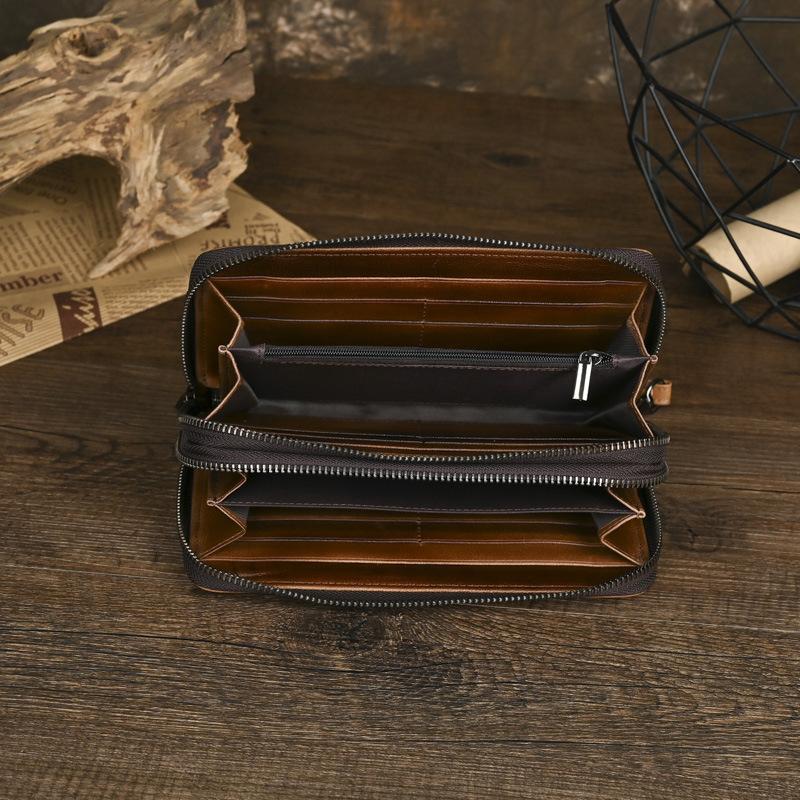 Herren Retro Langbörse, Leder Reißverschluss Geldbörse, Doppellagige Rindsleder Handtasche, Retro Lässige Clutch Tasche