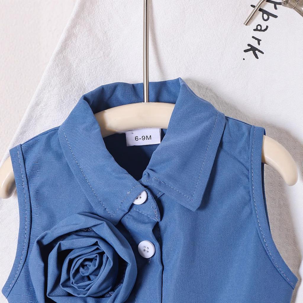 Girls' Fashionable Set Summer Children's Elegant Lapel Corsage Sleeveless Top + Trousers
